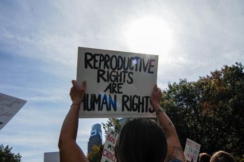 Thousands of protesters march from the Philadelphia Art Museum to City Hall for a rally to defend abortion rights, in Philadelphia, PA, on October 2, 2021. (Photo by Cory Clark/NurPhoto)NO USE FRANCE
