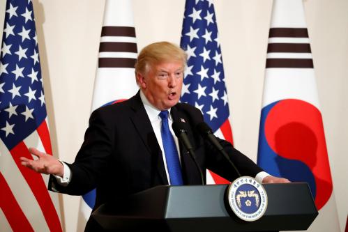 U.S. President Donald Trump and South Korea's President Moon Jae-in hold a joint news conference the Blue House in Seoul, South Korea November 7, 2017.