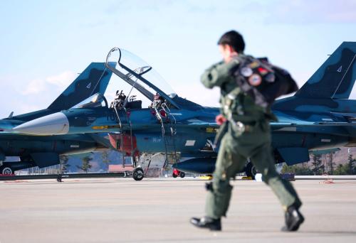 A photo shows some aircrafts for Mitsubishi F-2 (fighter aircraft) in flight training at Japan Air Self-Defense Force Matsushima Air Base in Higashimatsushima City, Miyagi Prefecture on January 7, 2025.