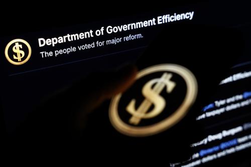 Department of Government Efficiency website displayed on a laptop screen and Department of Government Efficiency logo displayed on a phone screen are seen in this illustration photo taken in Krakow, Poland on March 28, 2025. (Photo by Jakub Porzycki/NurPhoto)NO USE FRANCE