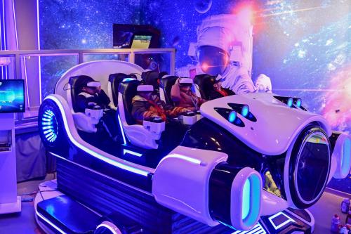 Primary school students use VR devices at an artificial intelligence learning experience center in Qingzhou, China, on February 25, 2025.