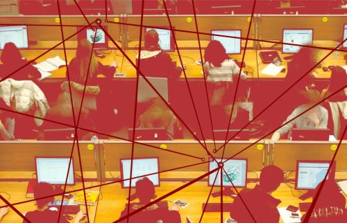 A computer lab with three rows of four desks, each occupied by students working at computers. Overlaying the computer lab are red lines connecting through nodes, symbolizing the flow of communication, data exchange, and interconnected networks.